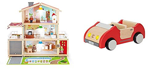 Hape E3405 - Puppen-Villa, Puppenhaus mit Zubehör, aus Holz & E3475 - Puppenhaus Zubehör Familienauto
