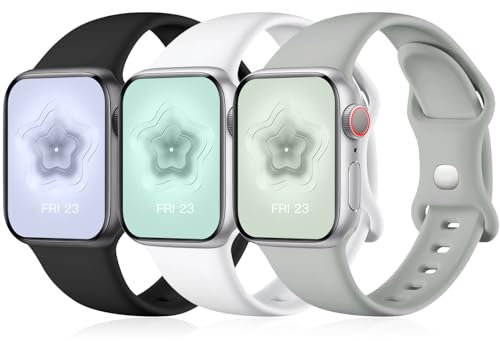Maledan 3 Pack Straps Compatible with Apple Watch Strap 41mm 40mm 42mm 38mm 44mm 45mm 49mm, Soft Silicone Replacement Band for iWatch Series 9 8 7 6 5 4 3 SE, 38mm/40mm/41mm, Black/White/Grey
