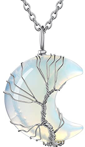 FOCALOOK Collier Pierre de Lune Synthétique Femme en Croissant de Lune Pendentif Pierre de Naissance Juin avec Chaîne Rolo Ajustable