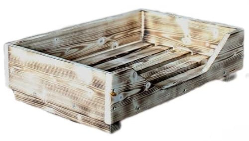Dekorie Hundebett aus Holz für kleine/mittlere/große Hunde - 60-110 x 40-60 cm - Farbe: geflammt - Hundekorb/Hundesofa/Katzenbett aus Massivholz (XS)