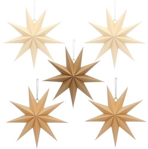 Sprinlot Papiersterne Weihnachten Beige Braun Khaki, 5 Stück 30cm Weihnachtsstern, 9 Zacken Papiersterne zum Aufhängen, Faltsterne Sterne für Weihnachten Hochzeit Tischdeko Fensterdeko