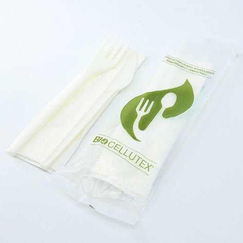 MAQA Set posate biodegradabili e compostabili, Forchetta e coltello imbustato singolarmente con tovagliolo, Bis Posate 100
