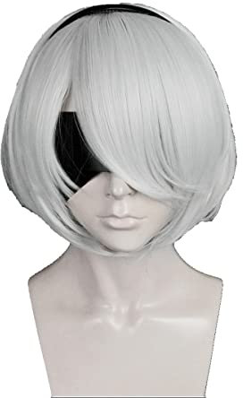 FYBHD Cosplay Nier: Automata 2b Yorha No. 2 Typ B Heldin Kurzer Silber Weiß Bobo Hitzebeständige Cosplay Kostüm Perücke (Nicht einschließen Eye Patch) Für Party