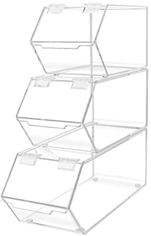 Marketing Holders Stackable Candy Bins Small Medium and Large Storage Caddys with Hinged Lid for Ice Cream Toppings Candies Nuts Granola Cereal and Wrapped Snacks Clear Acrylic