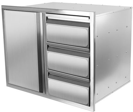 Outdoor Kitchen Drawer Combo, BBQ Access Trash Drawer Combo with Stainless Steel, Outdoor Kitchen for BBQ Island, Grilling Station, Outside Cabinet (28 W x 19.6“D x 20.1 H)（Right Drawer）