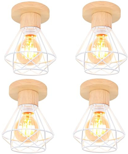 iDEGU 4 Stücke Deckenleuchten 16cm Industrielle Deckenlampe aus Holz und Metall Vintage Lampe mit Geometrischem Käfig Weiß Lampenschirm E27 Retro Deckenbeleuchtung für Flur Wohnzimmer (4x Lampen)