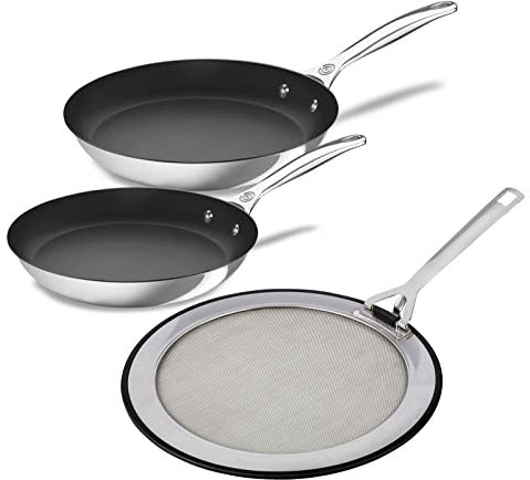Le Creuset Bratpfanne aus Edelstahl mit Antihaftbeschichtung (20,3 cm. & 25,4 cm) mit Spritzschutz-Bündel