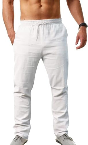 Cegerne Pantalones de Lino para Hombre Pantalones Ligeros de Verano Beach Medieval Loose Fit Casual Cordón, Blanco, XL