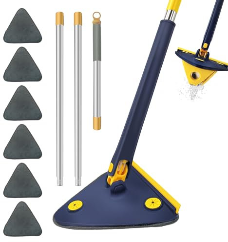 Balai Serpillere Triangle Rotation à 360°, Réglable Microfibre Balai Lave Sol Pressage d'eau Automatique avec 6 têtes de Remplacement Microfibres, 180CM Longue Poigné pour Fenêtres, Planchers (Blue)