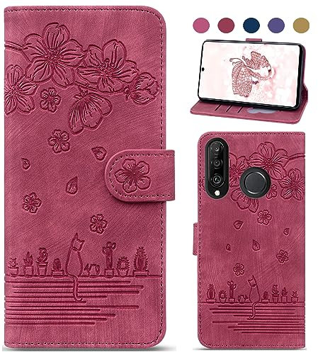 Bxithnr Custodia Huawei P30 Lite Premium Pelle PU Portafoglio Funzione Supporto Slot per Scheda Protezione Completa Magnetica Flip Custodia a Libro Libretto per Huawei P30 Lite - Rosso