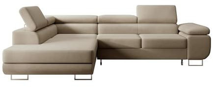 Selsey STEVIL - Ecksofa L-Sofa mit Schlaffunktion, Bettkasten, Ottomane links, Veloursbezug Beige