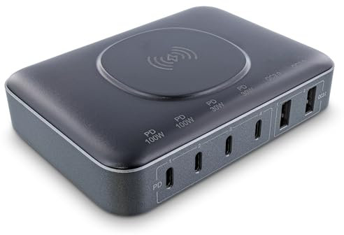InLine Qi Powerstation 6-Port, Wireless Charger, 4x USB-C, 2x USB-A, GaN, 100W, Schnellladegerät, Netzteil für MacBook Pro/Air, iPhone/Pro/mini, iPad Pro, Pixel und mehr, schwarz, 31517K