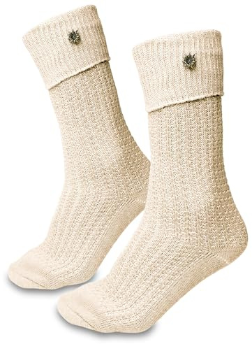 Steigenhöfer Manufaktur Trachtensocken Herren und Damen Lang – Klassische Trachtenstrümpfe im Zopfmuster – Oktoberfest Strümpfe aus Baumwolle für Männer & Frauen – Beige mit Edelweiß – 39-42