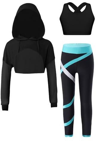 FEESHOW Kinder Trainingsanzug Mädchen Sport BH Und Leggings Set Mit Hoodie Kinder Workout Sport Outfit Jazz Dance Tanzkleidung Hip Hop Kleidung Blaugrün_A 134-140