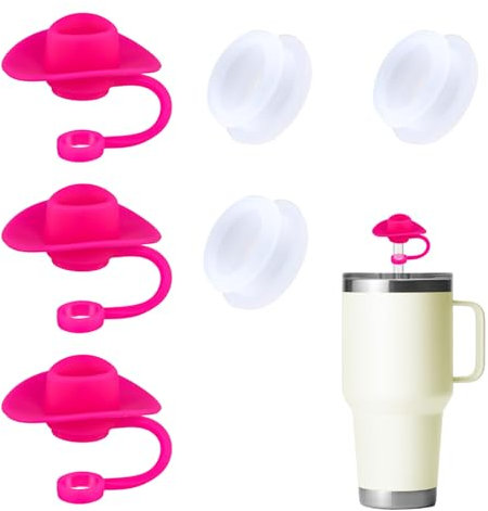 6pcs Cowboy Hat Straw Cover Spill Stopper Set, for 0.39 Inch Straw Reusable Tumbler Spill Proof Stopper Silicone Hat Straw Topper Decorative Straw Caps Accessories for Yeti (Pink)