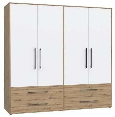 FORTE Jupiter Schrank 200 210, weißer Kleiderschrank, Drehtürenschrank, 4-türig, mit 2 Schubladen und Einlegeböden, Weiß mit Holz Dekor: Artisan Eiche, 206 cm breit x 59 cm tief x 200 cm hoch