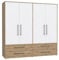 FORTE Jupiter Schrank 200 210, weißer Kleiderschrank, Drehtürenschrank, 4-türig, mit 2 Schubladen und Einlegeböden, Weiß mit Holz Dekor: Artisan Eiche, 206 cm breit x 59 cm tief x 200 cm hoch