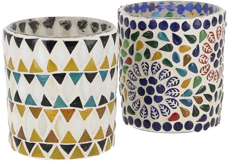 GURU SHOP Lot de 2 photophores romantiques en verre mosaïque faits à la main - Photophore vintage - Multicolore - 10 x 8,5 x 8,5 cm - Photophore et bougeoir