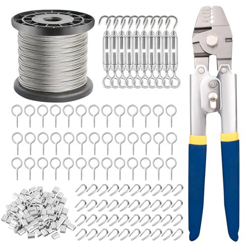 TooTaci 100M Wire Rope with Turnbuckles Kit, 1.5mm Steel Cable with Swager Wire Crimping Tool, 2 in 1 Cutter & Crimper Tool, Ideal for Garden Trellis, Fence, and Railing Cable Installations