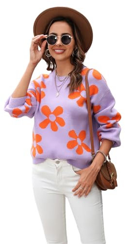 HEYPORK Damen Herbst Winter Warm Bequem Pullover Casual Mode Strickjacke Strickpullover Frauen Bedruckte Pullover Blume Pullover(Lila, M)