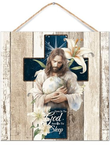 Holzschild mit Aufschrift Give It to God And Go to Sleep, Weihnachtskrippe, Oster-Szene, Geschichte, Holzschild, 30,5 x 30,5 cm, Heilige Familie, christliche Dekoration, Heimdekoration,
