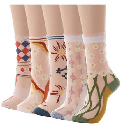 Wekuw 5 Paires Vintage Fleur Chaussettes en Maille Chaussettes Transparentes pour Femmes Élastique Fleur Cheville Chaussettes Hautes Chaussettes en Soie de Verre Fines Été pour Femmes