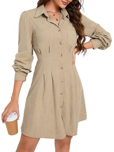 KOJOOIN Blusenkleid Damen Langarm Corduroy Hemdkleid A-Linien Tunika Kleid Minilänge Cordkleid mit Tasche und Knopfleiste Cremefarben S