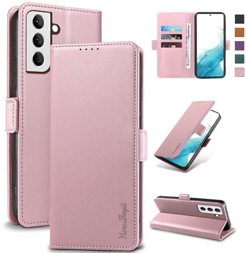 Yunubeyii Cover Libro per Samsung Galaxy S22 5G - [Blocco RFID] Luxury PU Leather Portafoglio Card Holder Magnetic Phone Custodia con Kickstand, Cover Protettiva Antiurto, Rosa