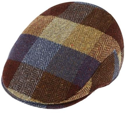 fiebig Flatcap mit Karo Patches | Wollmix Schirmmütze aus Schurwolle | Newsboy Cap mit Schirm (58-L, Braun)