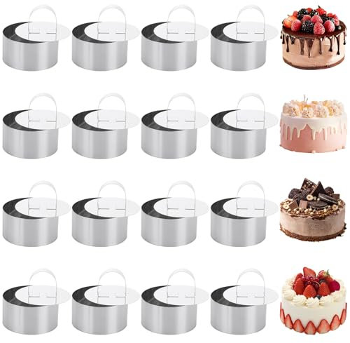 LOPYXBR 16PCS 3 Inch Cake Rings for Baking, Stainless Steel Cake Ring 3 Inch Mini Cheesecake Moulds with Food Pusher, Round Crumpet Rings Non Stick Baking Rings for Crumpets Mousse Desserts, Dia 8cm