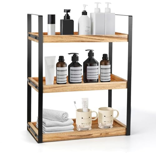 MUCOOS 3-Ebenen Standregal Badezimmer Organizer, Feuchtigkeitsgeschützt Holzregal Badezimmer, Badezimmer Regal Holz mit Metallgestell, Multifunktionales Gewürzregal, Schreibtisch-Organizer für Küche
