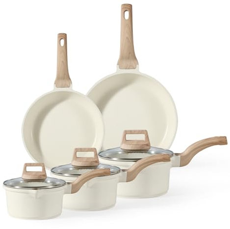 CAROTE Set di pentole e padelle antiaderenti, 8 pezzi, in granito bianco, set di pentole a induzione in granito naturale, non tossico, set di pentole con set di pentole, adatto a tutte le stufe