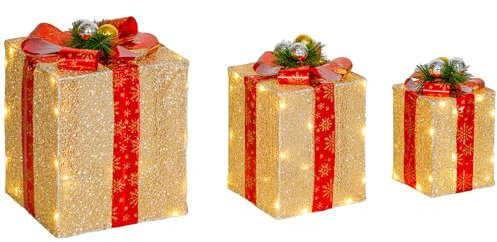 Outsunny 58er LED Weihnachtsdeko, 3-teiliges Geschenkboxen, Weihnachtsbeleuchtung in warmweiß, Stahlrahmen, für Indoor, Outdoor, Gold
