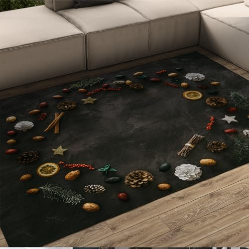 UERWOWELL Graue Kurzflorteppiche für Weihnachtsdekoration Nüsse und Tannenzapfendruck Waschbarer Teppich Pflegeleichte rutschfeste Teppiche für den Eingang 100x200cm