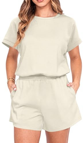 IWOLLENCE Hausanzug Damen Zweiteiler Sport Set Loungewear Damen Tracksuit mit Elastischem Bund und Taschen (Beige, M)