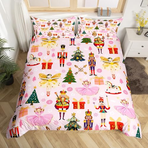 Homemissing Pink Nutcracker Bedding Set Double Size Kids Merry Christmas Comforter Cover Set Royal Guarder Princess Snowflake Duvet Cover Christmas Tree Bedspread Cover Room Decor Quilt Cover