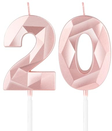Roségold Kerzen 20 Geburtstag, 3D Nummer 20 Kerze für Kuchen, 20 Geburtstag Dekorationen für Mädchen, Roségold 20 Kerzenschwanz-Topper für Mädchen, Haare, ihm, Geburtstagsfeier Dekorationen