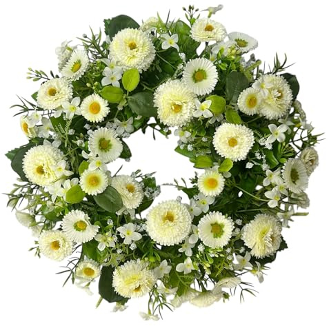 Künstlicher Belliskranz. ca. 30cm. Künstliche Gänseblümchen, Frühlingsdekoration, Frühlingskranz, Türkranz, Türdekoration Weiß Creme
