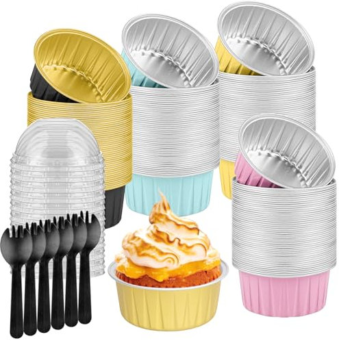 MOUYAT 100 PCS Mini Cake Pans, 125ml Aluminium Foil Baking Cups with Lids and Spoons, 4.2 oz Tart Pie Cupcake Containers, Muffin Cups for Wedding, Picnic, Birthday