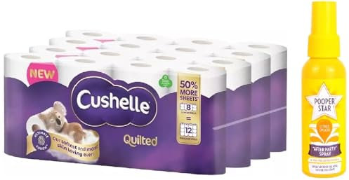 Cushelle Quilted 3-Ply Longer Rolls Toilet Tissue, 32 Pack - 4 x 8 Pack 236 Sheets Toilet Rolls with Pack of 1 Pooper Star Citrus Splash Toilet Spray by Red Rainbow