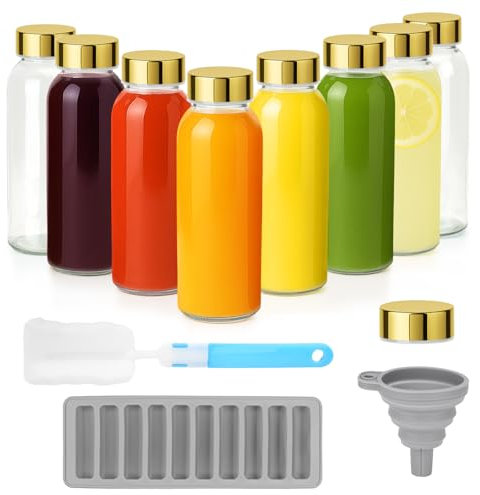 Zukro Glass Water Bottles with Gold Lids 10.5 oz, 8 Pack Clear Reusable Glass Small Juice Bottles for Juicing, Milk, Ginger Shot, Stainless Steel Cap, BPA-Free Leak Proof 300ml Drinking Container Jar
