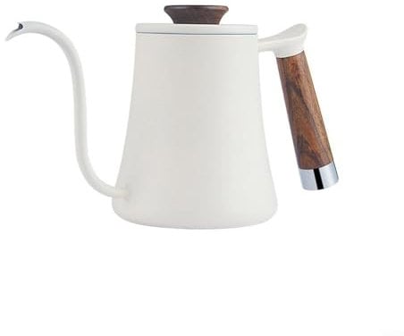 Swan Neck Design Coffee Kettle in Rust Resistant Stainless Steel with Comfortable Wooden Grip Handle (white)