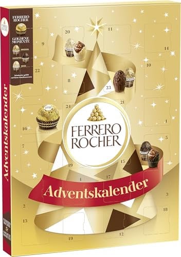 Ferrero Rocher & Goldene Momente Adventskalender 2025 – 24 Tage voller Genuss mit Ferrero Rocher, Goldene Momente in den Geschmacksrichtungen Milchschokolade, Zartbitter und weiße Schokolade – 258 g