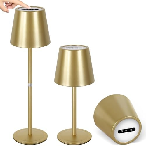 OUTON 2 Stück Kabellose LED Tischlampe Akku - Dimmbar Touch, 3 Farbtemperaturen (2700K-6500K), 4000mAh USB-C-Aufladbar, IP54 Wasserdicht, 6h Laufzeit - Ideal für Indoor/Outdoor & Geschenke, Gold