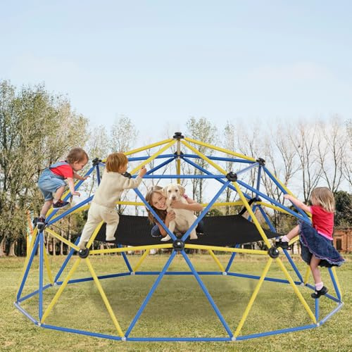 SENCHO GINSYTALIOR Climbing Dome,10FT Dome Climber with Hammock, Outdoor Jungle Gym for Kids, Supports Jungle Gym up to 1,000 lbs, Rust Resistant, Easy to Assemble, Gift for Kids (Blue+Yellow)