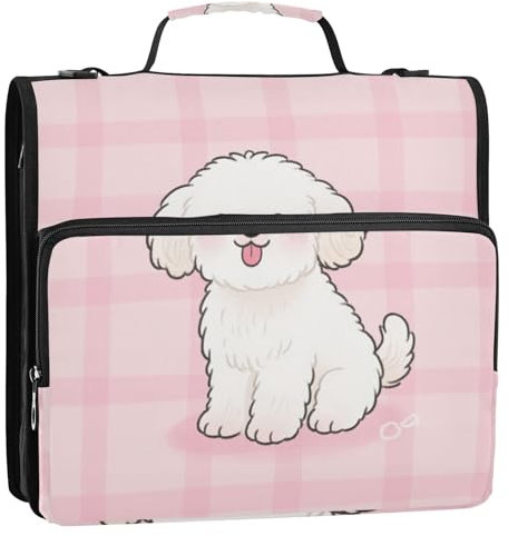 Cartoon-Ordner mit Reißverschluss, niedlicher weißer Hund, 3,8 cm, 3,8 cm, mit Gurt, mehrere Taschen, tragbares Portfolio für Büro, Schule