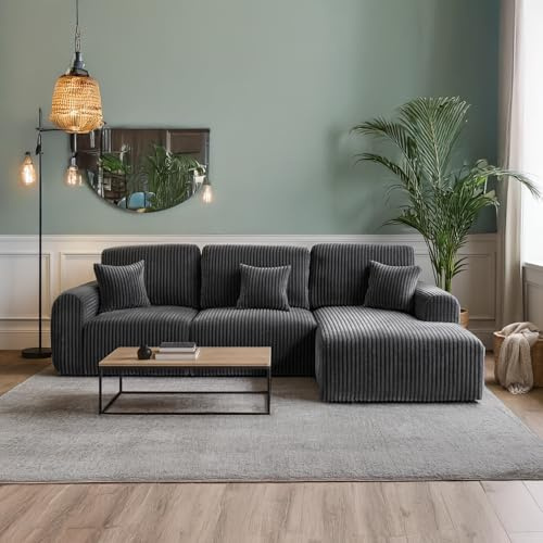 Furnishings For Less UK Vinci Chunky Jumbo Cord Grey Right Hand Facing Corner Sofa 4 Seater L Shaped Chaise Large (Grey, Right Hand Facing)