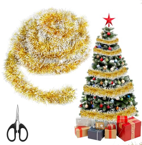 10M Lametta Girlande Weihnachten, Glänzend Weihnachtsgirlande mit 1 Schere, Christbaumschmuck Girlande, Weihnachtsdeko für Baum, Kamin, Treppe & Fenster (Gold)