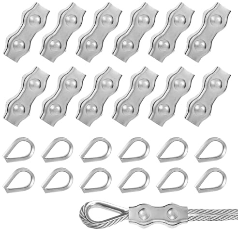 24PCS M4 Duplex Drahtseilklemme und Edelstahl Kauschen, Seilklemme Drahtklemme Seilverbinder für Stahlseil 4mm und Edelstahlseil, Drahtseil Spanner zur Befestigung, Weidezaun Verbinder und Wäscheleine