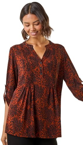 Roman Originals Pintuck Shirt for Women Ladies Jersey Blouse Collarless Top Flare Crinkle Notch Neck Tunic 3/4 Length Sleeve Longline Smart Casual Party Going Out - Rust Black - Size 14